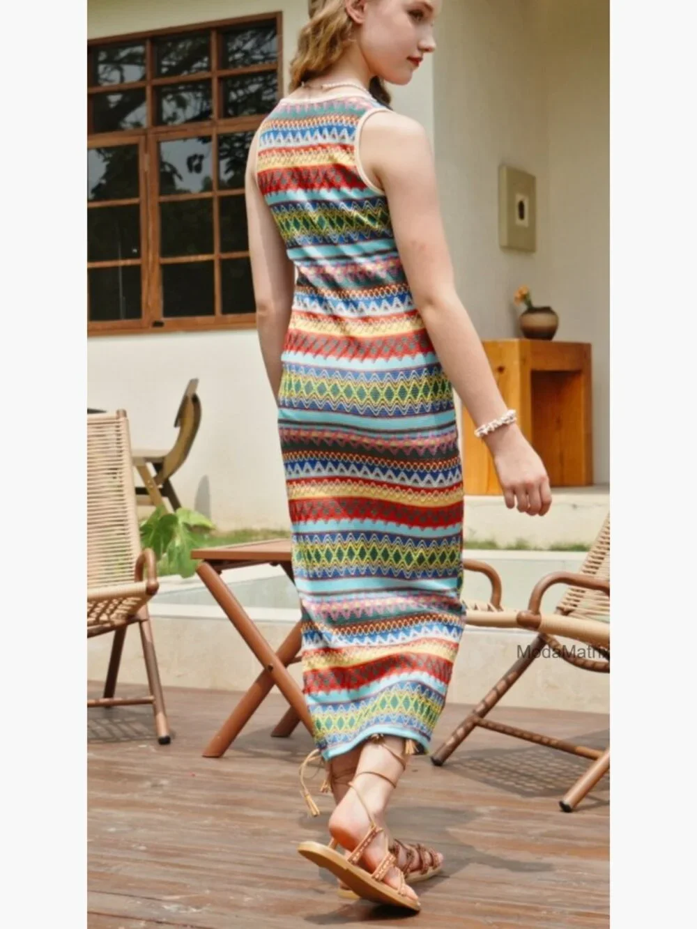 Girl's Boho Striped Sleeveless Square Neck Maxi Dress Casual